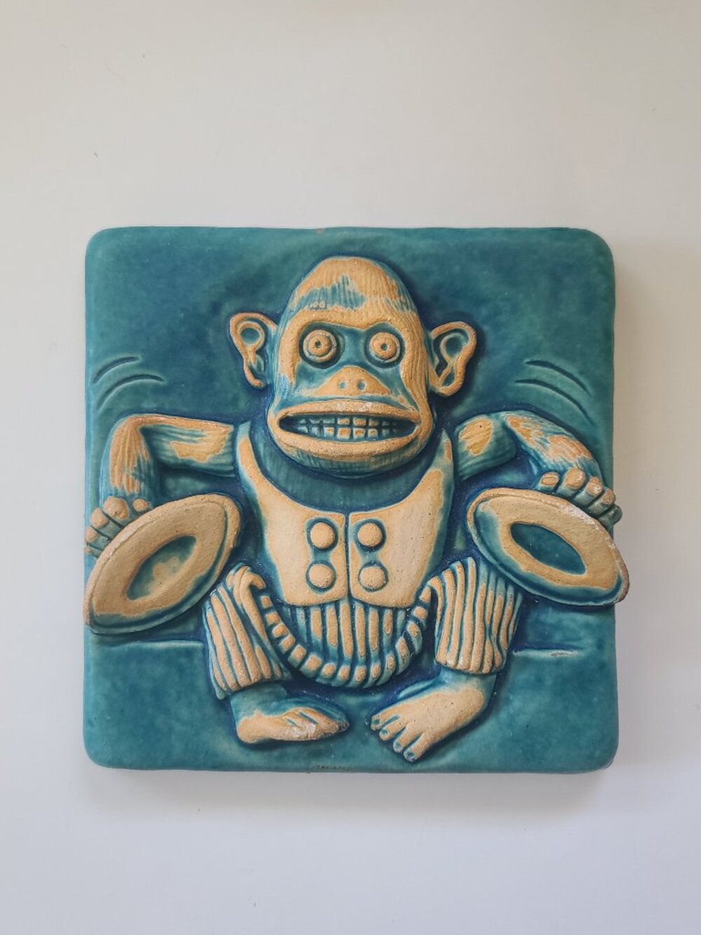 Toy Monkey w/ Cymbals 6"x6" Stoneware Tile Wall Art TEAL